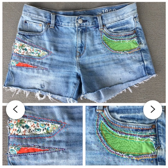 Reworked Upcycled denim shorts sashiko bro visible mending hand sewn 29” waist - Picture 6 of 9